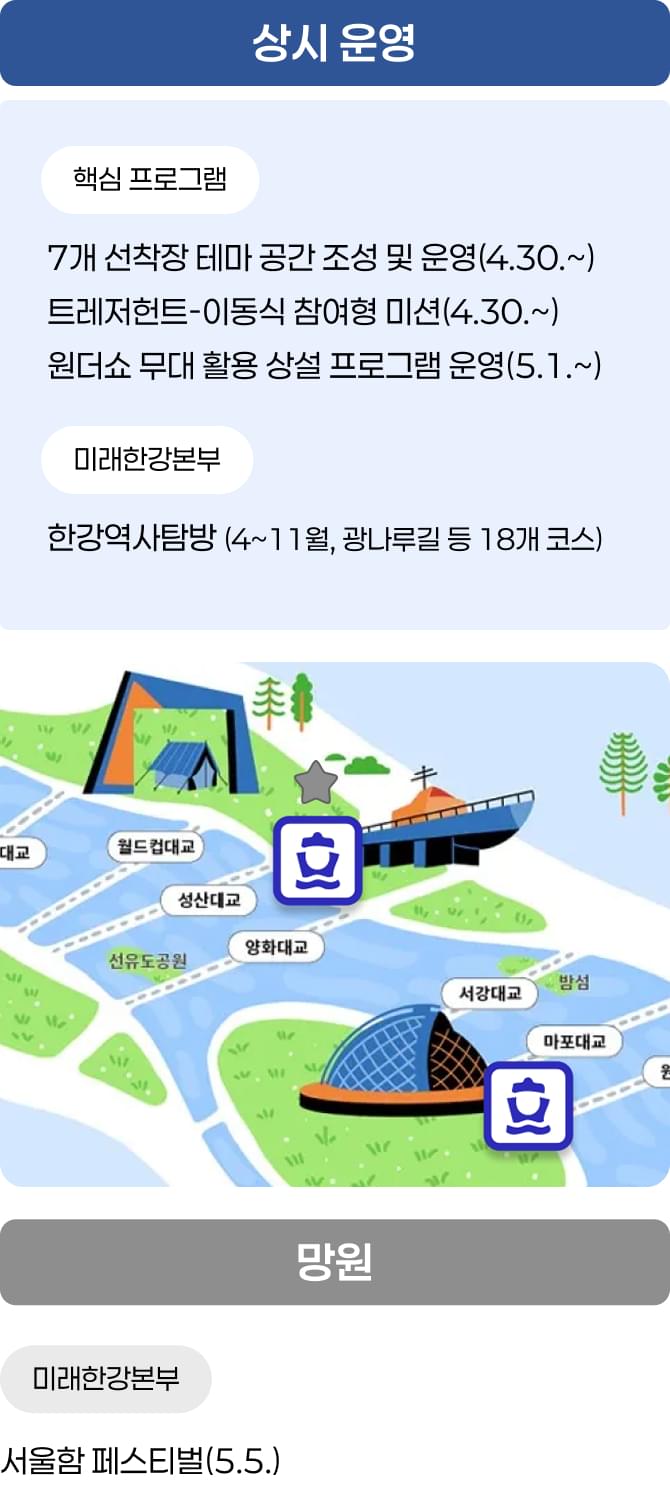 상시 운영 / 핵심 프로그램 - 7개 선착장 테마 공간 조성 및 운영(4.30.~), 트레저헌트-이동식 참여형 미션(4.30.~), 원더쇼 무대 활용 상설 프로그램 운영(5.1.~) / 미래한강본부 - 한강역사탐방 (4~11월, 광나루길 등 18개 코스) / 망원 / 미래한강본부 - 서울함 페스티벌(5.5.)