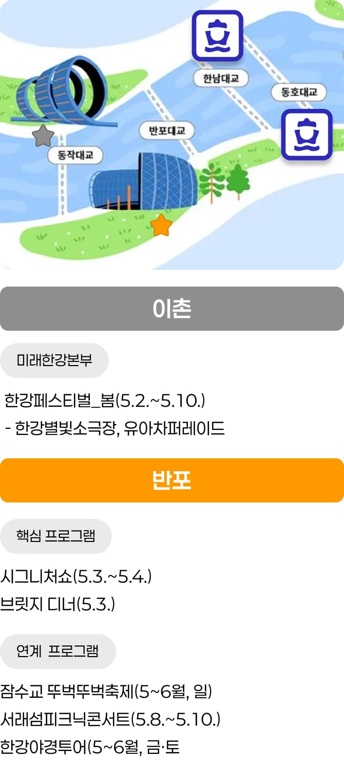 이촌 / 미래한강본부 - 한강페스티벌_봄(5.2.~5.10.) - 한강별빛소극장, 유아차퍼레이드 / 반포 / 핵심 프로그램 - 시그니처쇼(5.3.~5.4.), 브릿지 디너(5.3.) / 연계 프로그램 - 잠수교 뚜벅뚜벅축제(5~6월, 일), 서래섬피크닉콘서트(5.8.~5.10.), 한강야경투어(5~6월, 금·토)